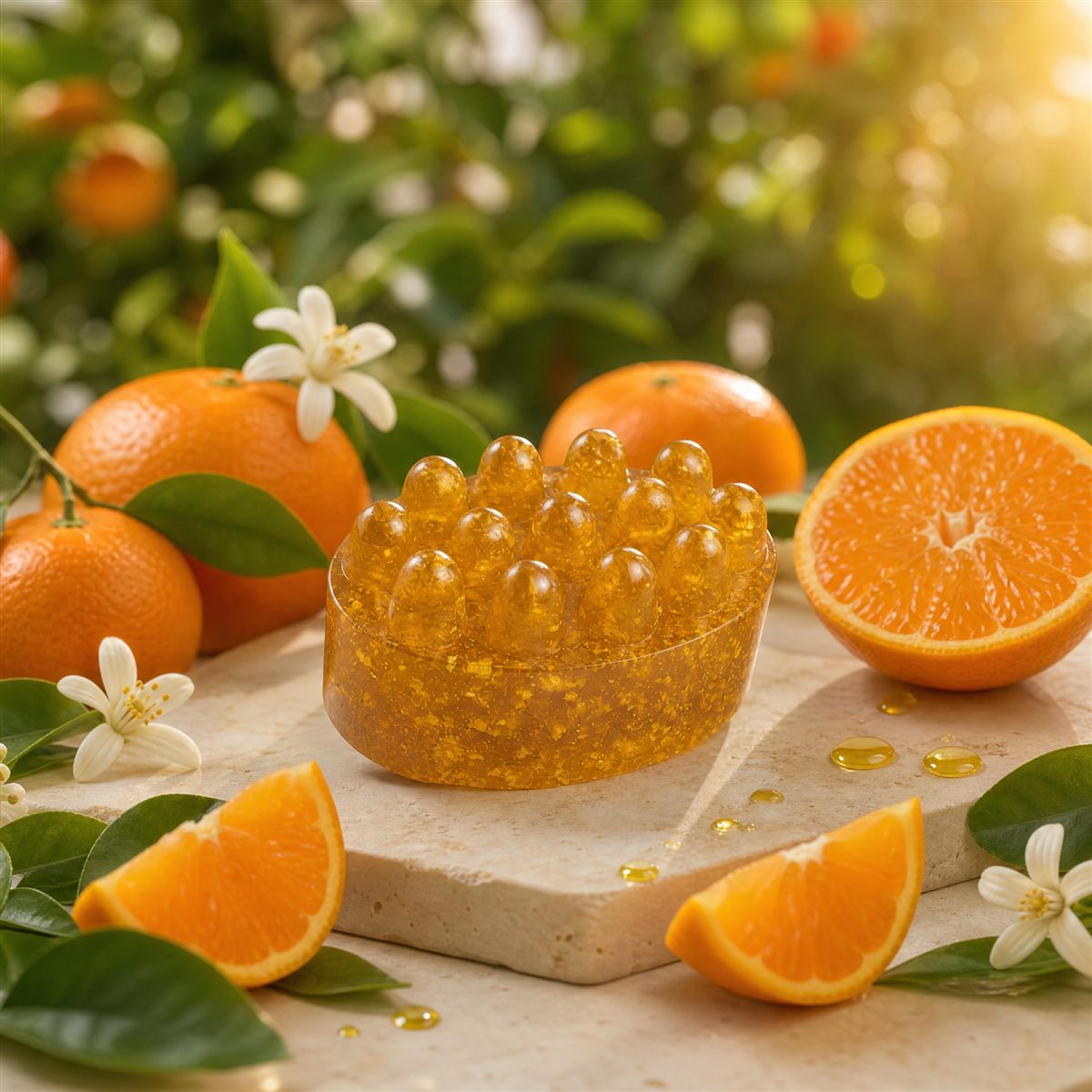 Amber tangerine massage soap bar among fresh tangerines and blossoms